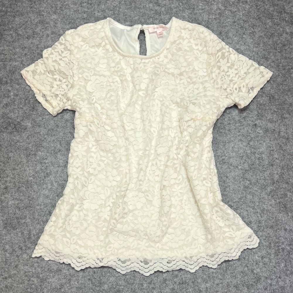 Teddi Rose Womens Ivory Floral‎ Lace Short Sleeve Scalloped Hem Top Medium